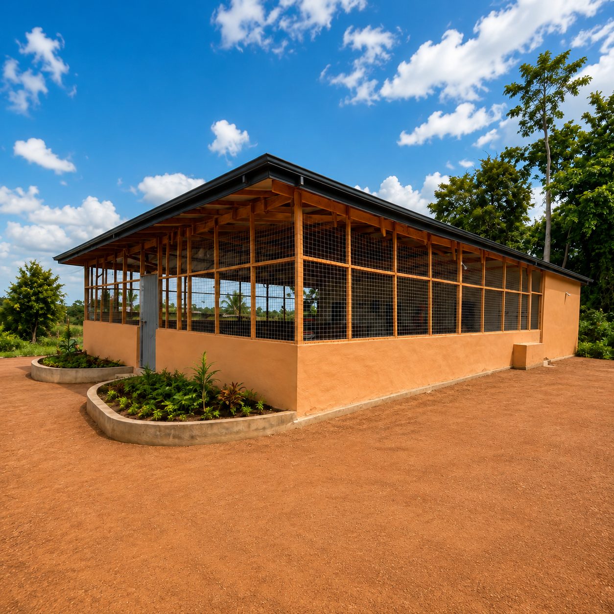 The completed open-sided processing hall at Gomoa Fomena, timber frame and mesh walls under a pitched steel roof, red earth forecourt with new planting beds.